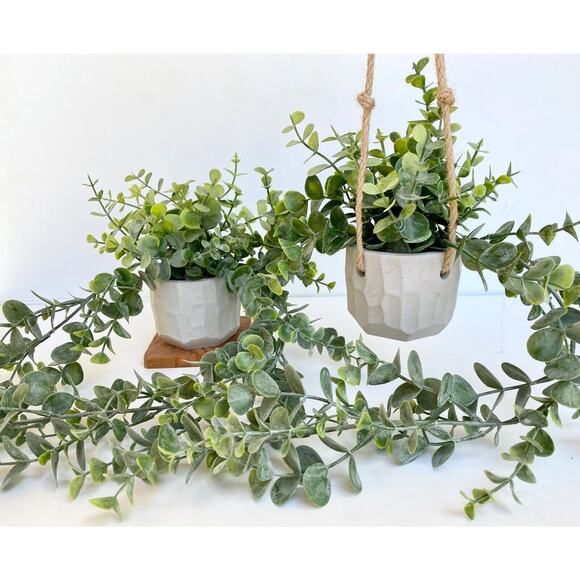 2x Hanging Faux Eucalyptus Plant in Handmade Concrete Pot - Picture 3 of 8